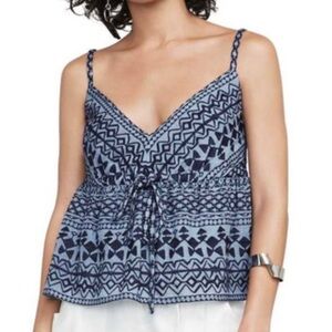 BCBGMaxAzria Emeli Embroidered Babydoll Tank Top Size M Blue Tie Front Boho EUC